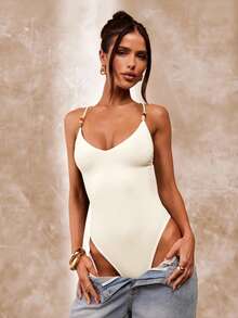 SHEIN BAE Brown Beaded Spaghetti Strap Bodysuit For Women, Summer Tight Sexy Retro Camisole Bodysuit, Beach Vacation Camisole, Beaded Camisole - Apricot - View 6
