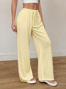 SHEIN PETITE Quần dài nữ mùa hè mới, chất liệu dệt kim, màu trắng nhạt, kiểu dáng thường ngày, thích hợp mặc đi nghỉ mát, hoặc mặc ở nhà vào mùa thu/đông. - Vàng nhạt - Xem 7