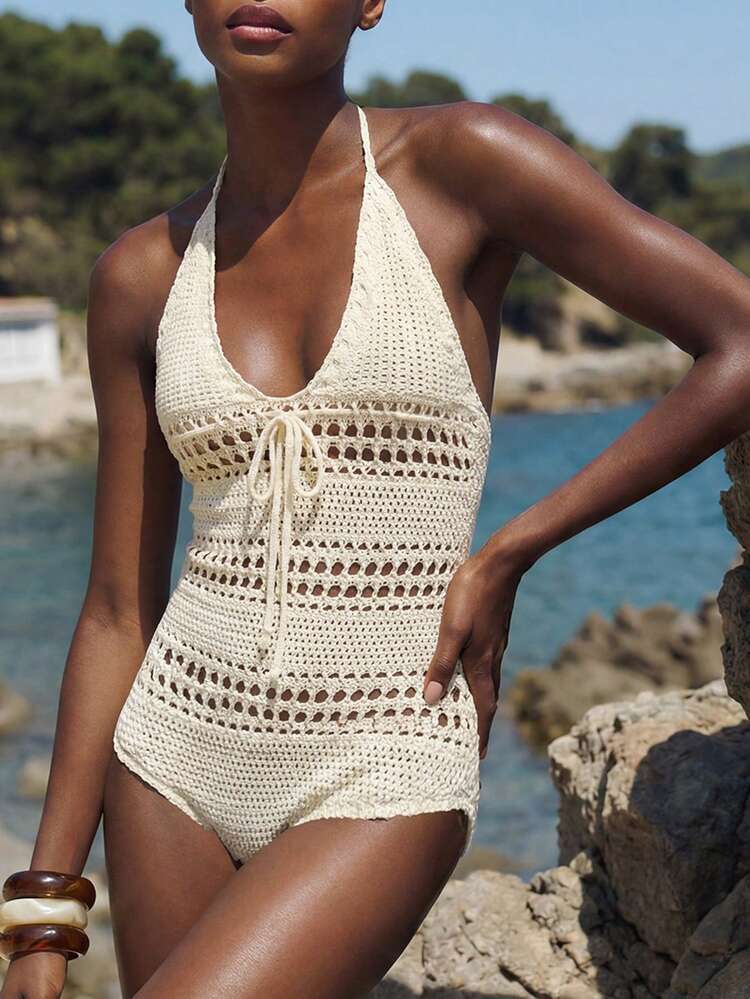 SHEIN Maija Women's Solid Color Hollow-Out Knitted One-Piece Swimsuit, Suitable For Beach Vacation