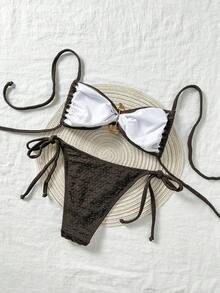 Swim Vcay 女士纯色金属装饰挂脖性感比基尼套装棕色比基尼纹理泳装夏季度假女士泳装两件套 - 軍綠色 - 查看 2