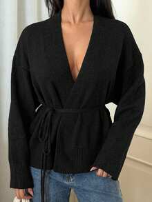 Ronhire Drop Shoulder Belted Cardigan - Hitam - View 3