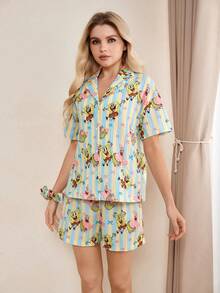 SpongeBob SquarePants | SHEIN Women's Front Tie Short Sleeve Top And Shorts Pajama Set - Multicolor - View 3