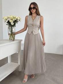 Women's Casual Solid Color Faux Pocket Pleated Vest & Skirt Suit Set, Summer Spring,Wedding Guest Dress Women - Beige - View 12