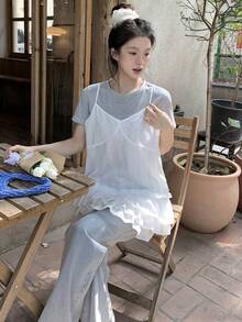 DAZY Women's Casual Solid Color Ruffle Hem Camisole Top, Summer - White - View 6