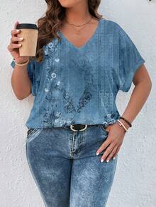 EMERY ROSE Camiseta de manga corta con cuello en V para mujer de talla grande, adecuada para el verano - Azul - Ver 5