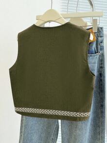 Franclia Áo khoác không tay thêu hoa dành cho nữ - xanh quân đội - Xem 2