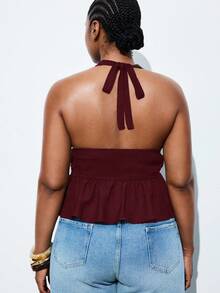 Maija Plus Size Women Solid Color Backless Halter Neck Top,Burgundy,Summer,Classy,Night Out Club Ruched V-Neck Camisole Spaghetti Strap Elegant Blouses - Burgundy - View 2