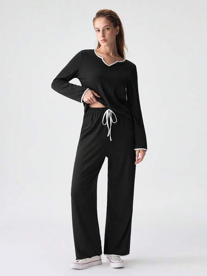 SHEIN Contrast Binding Notched Neckline Knot Front Lounge Set, Fall Winter Clothes, Cozy Outfit