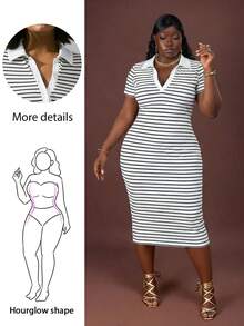 Hourglow Plus Size Colorblock Striped Short Sleeve Dress Stripe Dress Midi Bodycon Dress, For Hourglass Body Shape, For Summer - Black and White - View 2