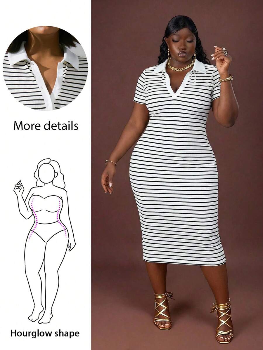 Hourglow Plus Size Colorblock Striped Short Sleeve Dress Stripe Dress Midi Bodycon Dress, For Hourglass Body Shape, For Summer