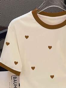 Resyla Plus Size Summer Casual Heart Print T-Shirt - Coffee Brown - View 4