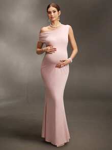 Cheriluna Maternity Asymmetric Shoulder Backless Tie Dress, Sexy Minimalist Maternity Photoshoot - Pink - View 7