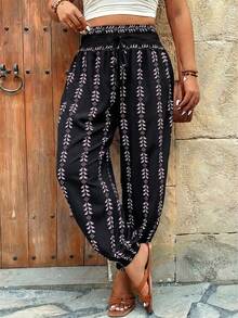 SHEIN LUNE Celana Harem Pinggang Elastis Motif Ukuran Besar, Celana Kasual untuk Liburan Musim Gugur - MultiWarna - View 5