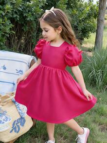 Vestido de princesa infantil com elegante laço decorativo, ideal para o verão. - Rosa Quente - Ver 7