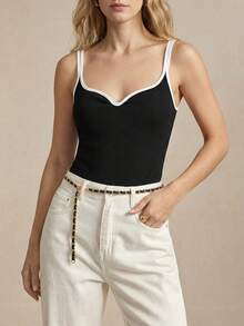 BizChic 女士白色撞色心形领无袖上衣，都市通勤办公商务休闲装，派对聚会必备基础款上衣 - 黑與白 - 查看 2