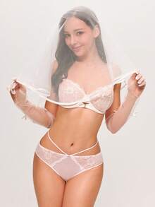 LUVLETTE 女士内衣 聚拢透气钢圈性感无衬里刺绣蕾丝白色婚纱新娘文胸 网纱蕾丝文胸 - 金色 - 查看 4