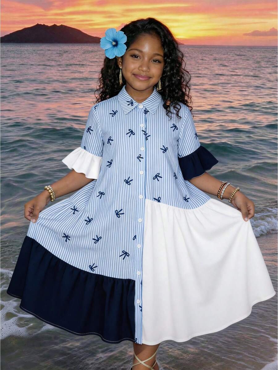 SHEIN Tween Girls' Cute Blue And White Striped Short Sleeve Shirt Dress,Fashion Bow Patchwork Midi Dress For Summer,Vacation,Holiday,Daily Wear&Outings - Blue and White - View 1