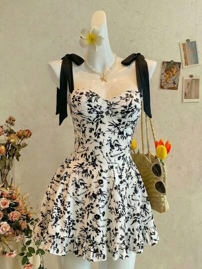 Tween-Mädchen Kleid mit Blume Muster, gerüschte Träger, lässiges Retro-Minikleid, geeignet für Abschluss, Teegesellschaft, Frühlings-/Sommerurlaub und Geburtstagsfeiern