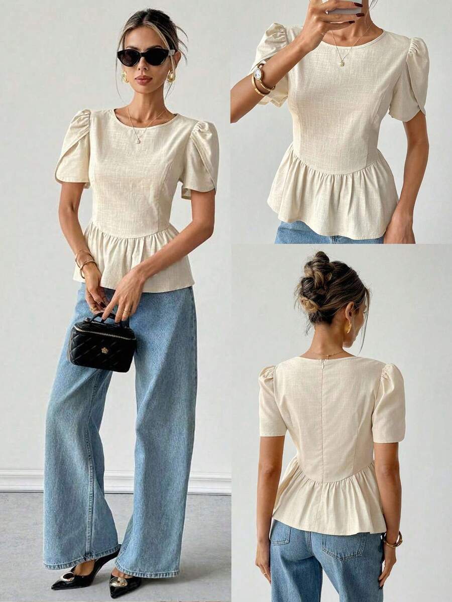 Rafferiza Damen elegante Pendler Lässig Ausgehoutfit A-Linie Design Kurzarm Bluse, Frühling/Sommer - Khaki - Übersicht 1