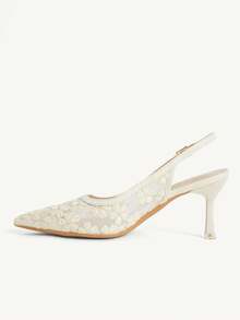 CUCCOO CHICEST Spring And Autumn Beige Mesh Embroidery Pointed Tip Thin Heel Sexy Elegant Slingback Women's High Heel Shoes - Beige - View 5