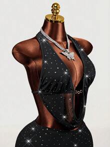 Mistrie Women's Sexy Sequin Backless Halter Top And Mini Skirt 2 Pieces Set, Summer - Black - View 1