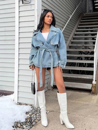 Natali Santanap Áo khoác denim ngắn thường ngày có thắt lưng cài ve áo dành cho nữ