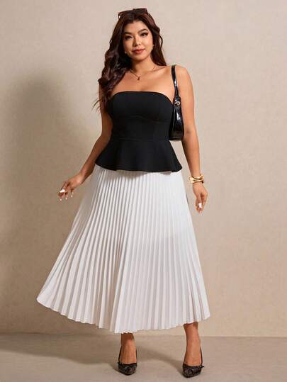 Elaquor Plus Size Women's 2 Pieces Set, Elegant Black & White Outfit, Black Dress With Pleated Skirt, Vacation Suit, Vintage Luxurious Style Set, Summer Clothing For Women