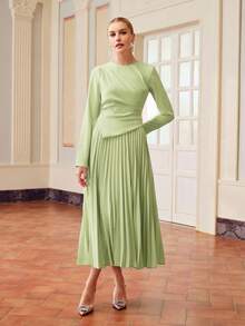 ZEYLAH 女士优雅派对纯色褶裥下摆连衣裙 - 綠色 - 查看 4