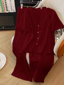 SHEIN LUNE Plus Size Elegant Jacquard Knit Lace Trim Casual Commuter Jacket & Pants Set, Suitable For Party, Afternoon Tea, Spring & Summer - Burgundy - View 1