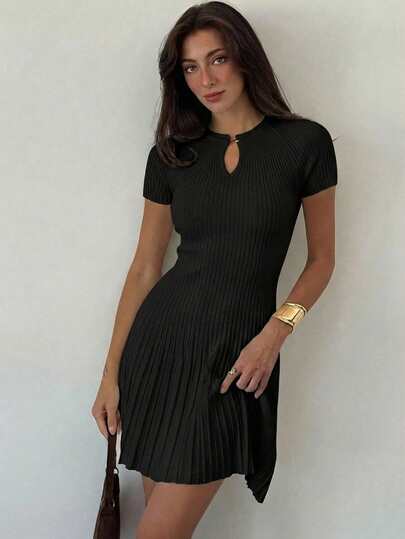 Aloruh Elegantes Pendler-Minimalisten-Beige-Strick-A-Linien-Kleid für Damen