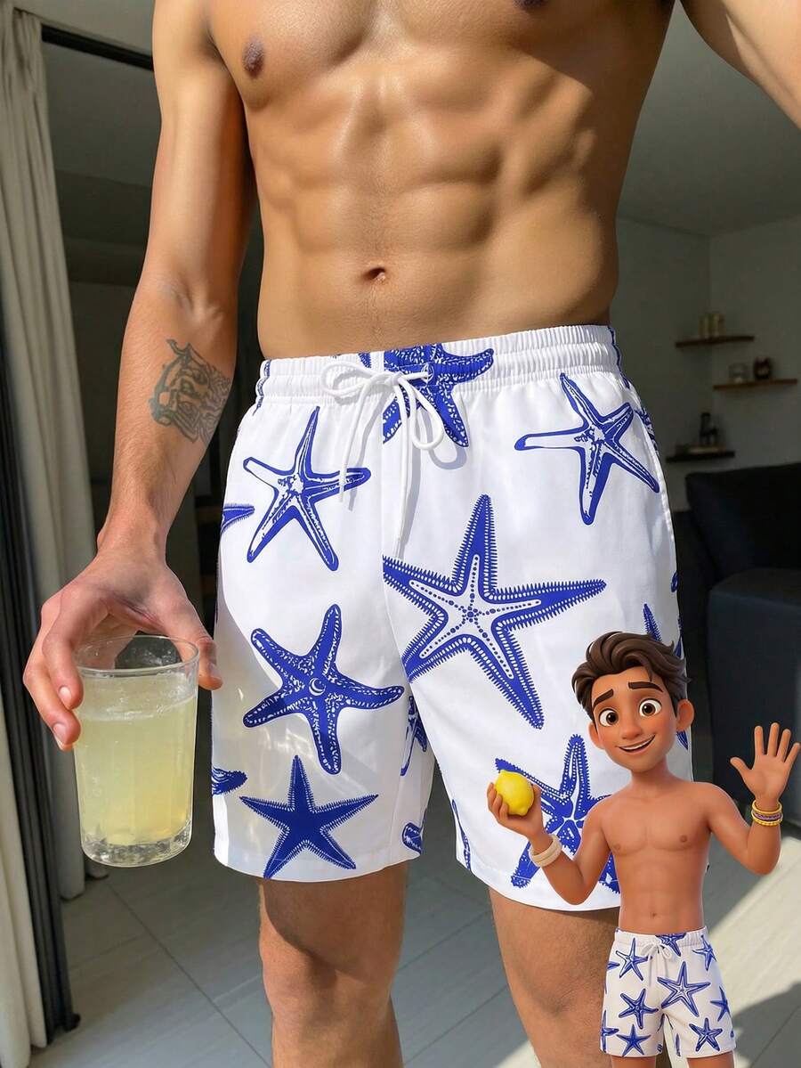 Manfinity Swimmode 男士休闲海星印花沙滩短裤 - 白色 - 查看 1