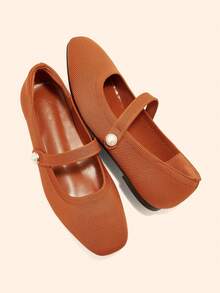 CUCCOO BASICS Women Fashionable Fabric Comfortable Breathable Pearl Decor Mary Jane Flat Shoes For Commute, Date, Party, And Casual Wear For Christmas - Caramel Brown - View 10