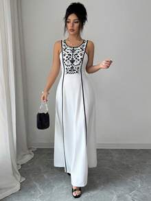 Elenzga Elegant Women's Black & White Placement Print Long Loose Casual Dress, Suitable For Beach, Daily Outing, Dating, Dining, Middle Eastern Style - White - View 5