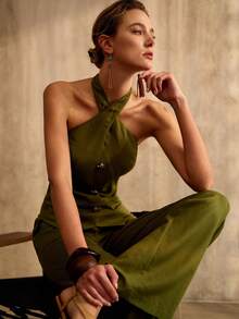 MOTF PREMIUM Conjunto de 2 piezas elegante para mujer con corbata de cuello con hebilla dorada, ajuste delgado, de lino cómodo para ir a la oficina - Verde - Ver 2
