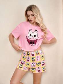 SpongeBob SquarePants | SHEIN Set de bluză și pantaloni scurți cu guler rotund și mânecă scurtă pentru femei, lenjerie de casă casual - Roz - Vizualizare 4