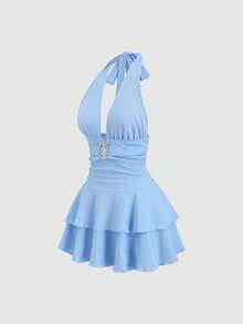 Sweetra Elegant Textured Brown Metal Buckle Decor Halter Neck Ruffle Hem Short Party Dress For Women, Autumn/Winter - Blue - View 3