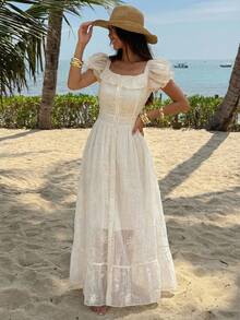 DAZY Cap Sleeve Frill Trim Camisole Dress, Elegant Office Wear Dress Wedding Guest Dress Maxi Dress Sundress - Beige - View 2