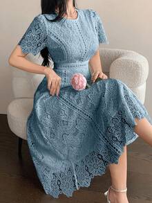DAZY 优雅蕾丝边短袖连衣裙，青春雅致迷你连衣裙 - 灰藍色 - 查看 4