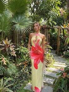 Sunnyshic 女士度假风印花垂褶领口花朵装饰吊带长裙，浅黄色 - 彩色 - 查看 3