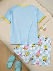 SpongeBob SquarePants | SHEIN Tween Boys Cartoon Print Pajamas - - Blue and White - View 2