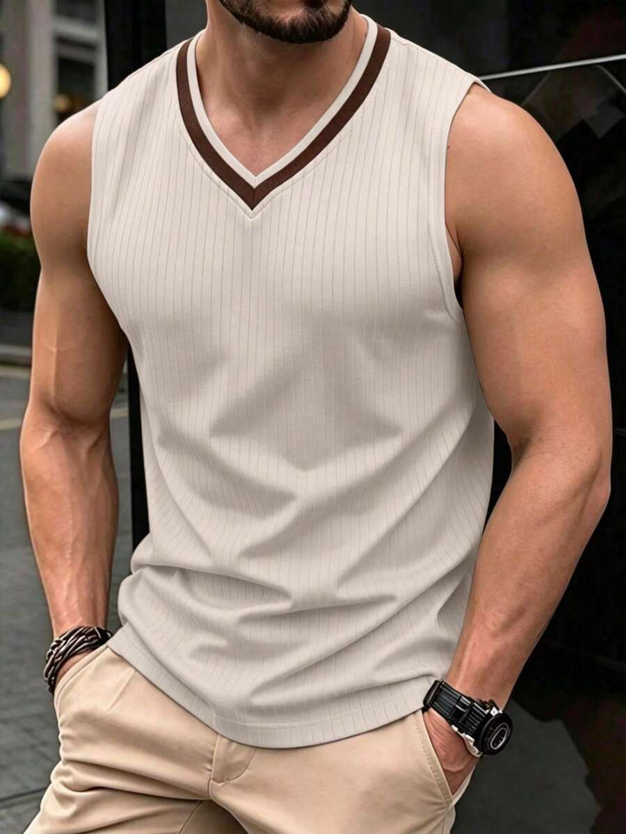 Manfinity Homme 男士撞色V领罗纹休闲背心 - 杏色 - 查看 1