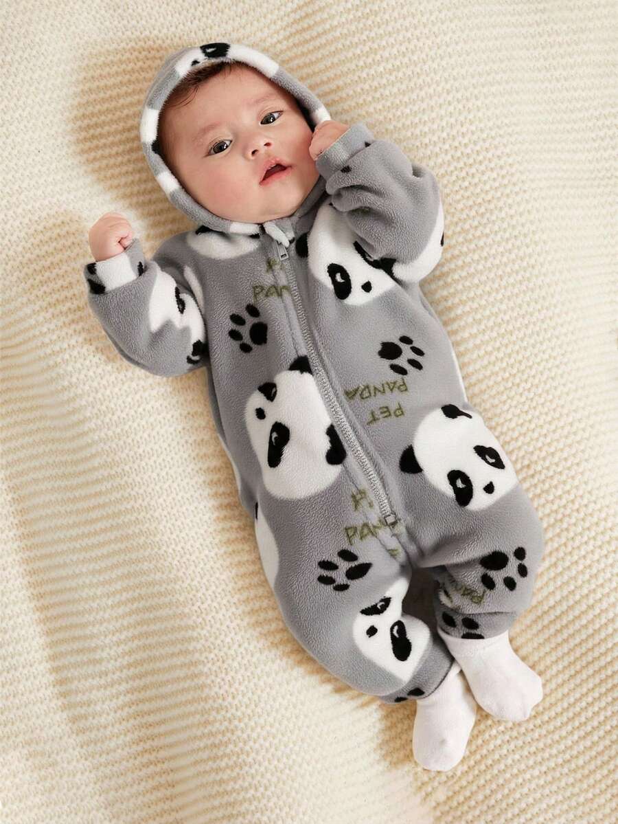 SHEIN 新生女宝宝可爱卡通图案毛绒连帽连体衣，秋冬季新生儿男女通用保暖睡衣，婴儿动物图案衣服，男宝宝秋季新生儿拉链套装 - 彩色 - 查看 1