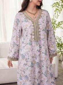 Al Najma 女士花卉印花钩编拼接长袖连衣裙，优雅端庄的A字型卡夫坦长袍，适合晚宴/婚礼宾客/周年纪念/日常穿着 - 淡紫色 - 查看 6