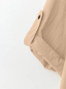 EMERY ROSE Plus Size Women's Cotton Linen Asymmetrical Hem Long Sleeve Blouse, Spring/Summer - Apricot - View 4