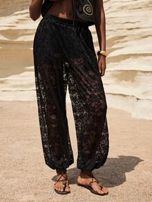 Maija Women's Elastic Waist Floral Lace Pocket Ankle Length Pants - Black - View 5