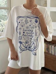 DAZY Women's Summer Round Neck Loose Short Sleeve Printed Vacation Style Pullover T-Shirt - White - View 9