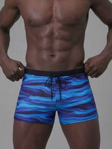 Manfinity KASUA 男士简约印花休闲泳裤 男士泳裤 男士沙滩装 男士泳装 蓝色泳裤 泳池短裤 - 藍色 - 查看 2