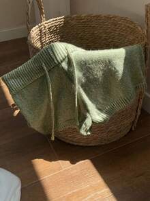 Comfortcana Bộ áo len và quần short cạp cao màu trơn có dây rút, kiểu dáng thường ngày, thích hợp cho mùa thu/đông. - màu xanh lá - Xem 3