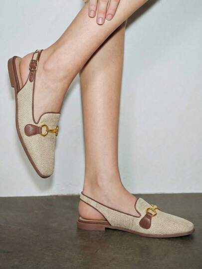 2025年秋季女款方头拼色前包边露跟时尚平底鞋