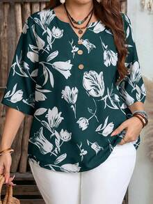 EMERY ROSE Plus Size Women's Summer Casual Vacation Country Green Floral Print V-Neck Casual Versatile Daily Wear Blouse Top Shirt,Summer Outfits For Women ,Vacation Outfits Women ,Holiday Outfits For Women,Going Out Outfits,2026 New Clothes,Simple And Fashionable For Everyday Wear,Suitable For Summer, Vacation, Daily Wear, Festival Outfits For Women,Country Concert Outfit,Beach Outfits For Women,Western Style,Going Out Tops - Dark Green - View 1